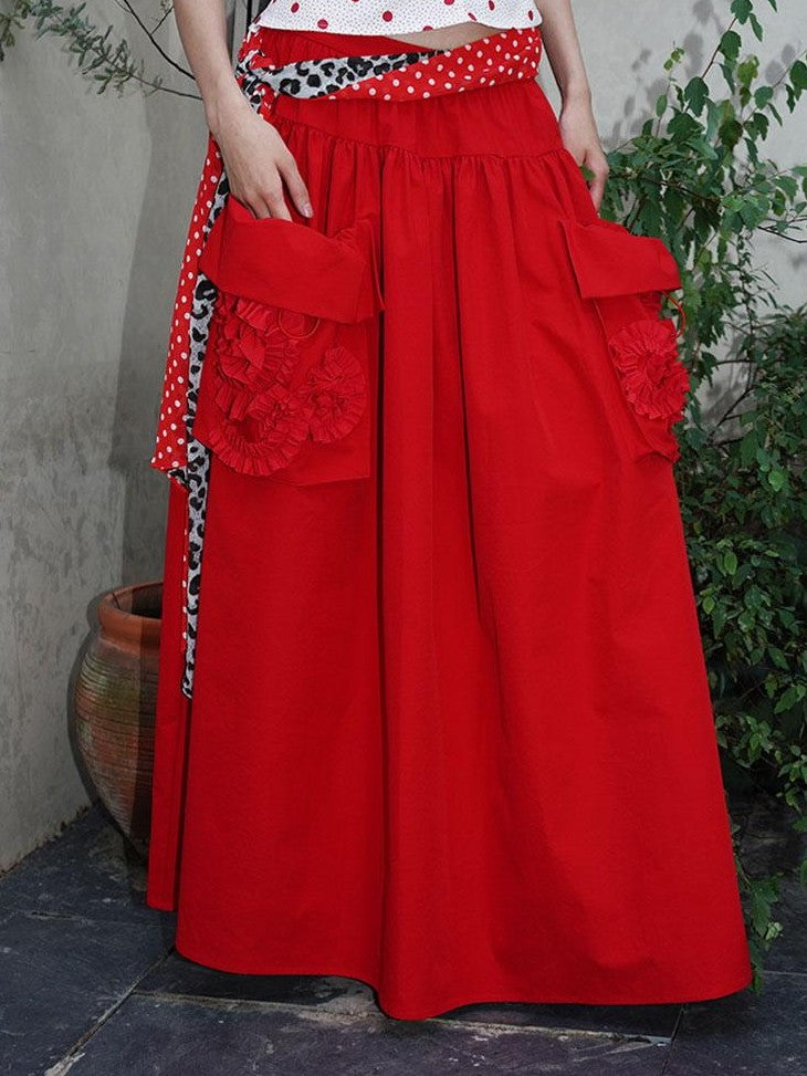 badtaste Western Solid Pleated 3d Rosette Loose A Line Women's Maxi Skirts