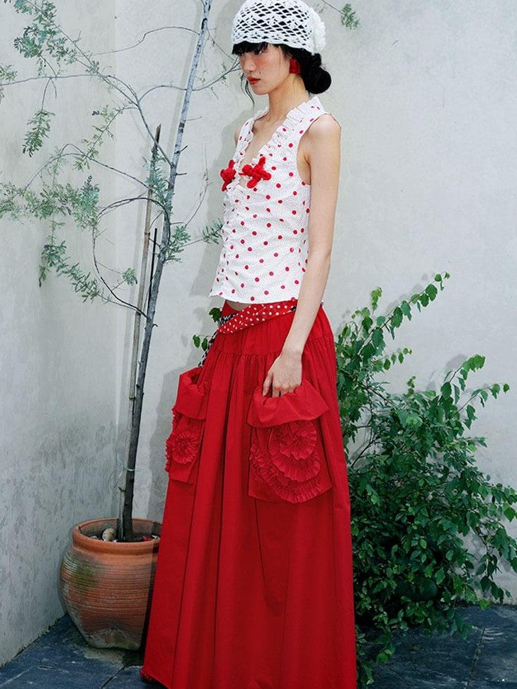 badtaste Western Solid Pleated 3d Rosette Loose A Line Women's Maxi Skirts