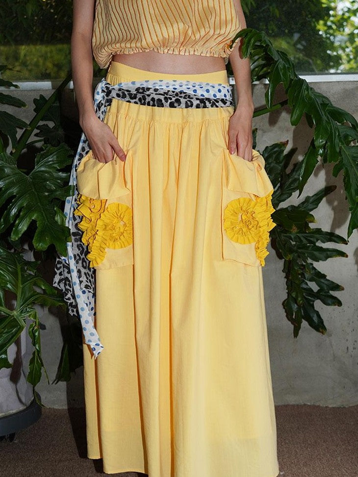badtaste Western Solid Pleated 3d Rosette Loose A Line Women's Maxi Skirts