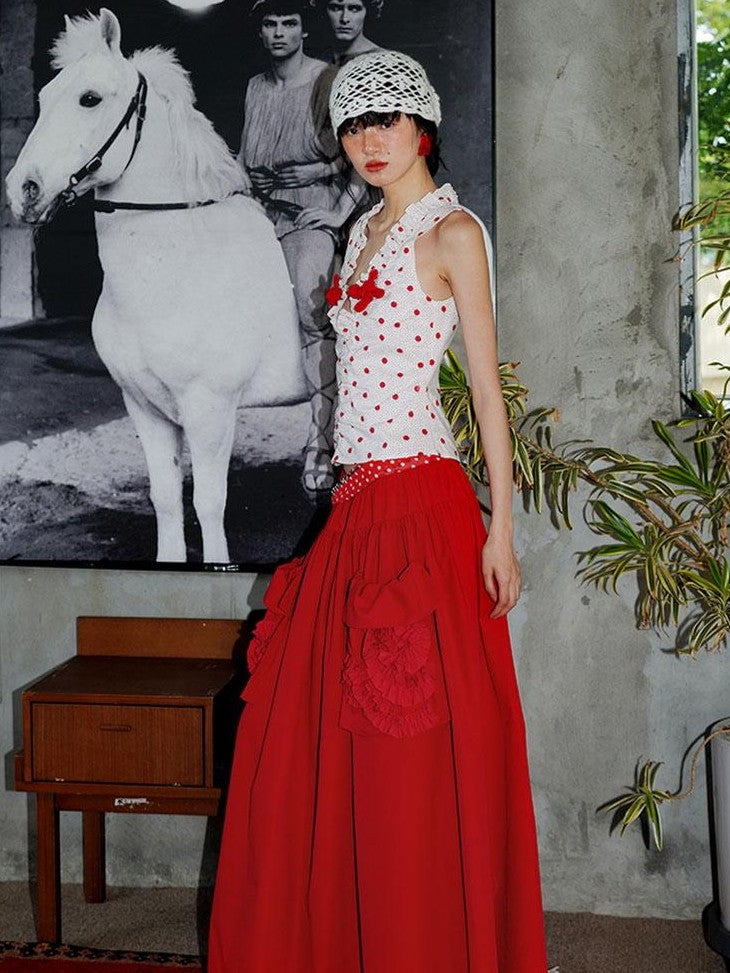 badtaste Western Solid Pleated 3d Rosette Loose A Line Women's Maxi Skirts