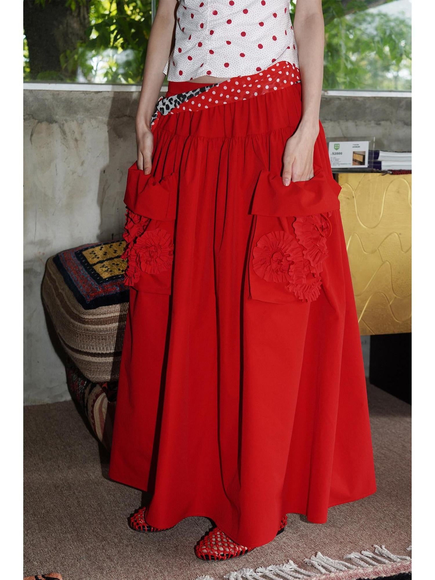 badtaste Western Solid Pleated 3d Rosette Loose A Line Women's Maxi Skirts