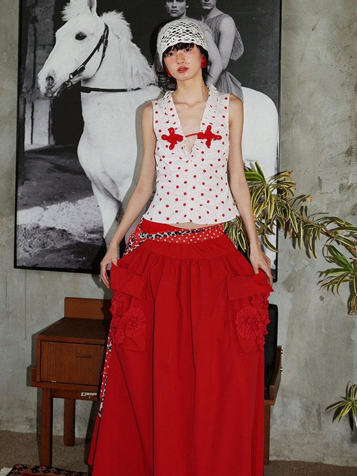 badtaste Western Solid Pleated 3d Rosette Loose A Line Women's Maxi Skirts