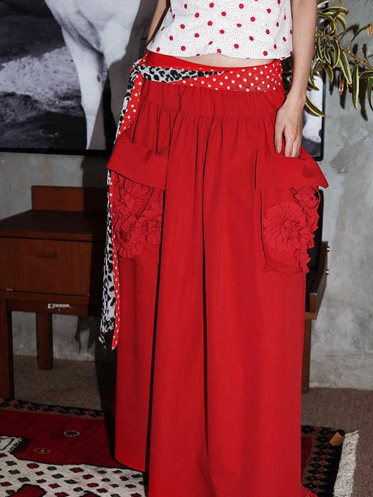 badtaste Western Solid Pleated 3d Rosette Loose A Line Women's Maxi Skirts