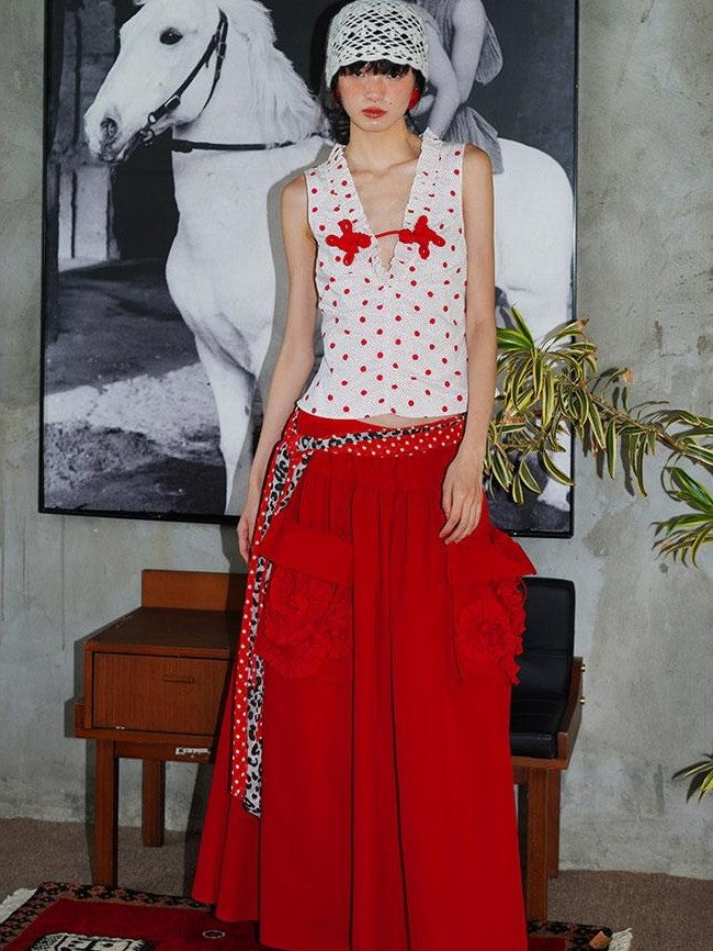 badtaste Western Solid Pleated 3d Rosette Loose A Line Women's Maxi Skirts