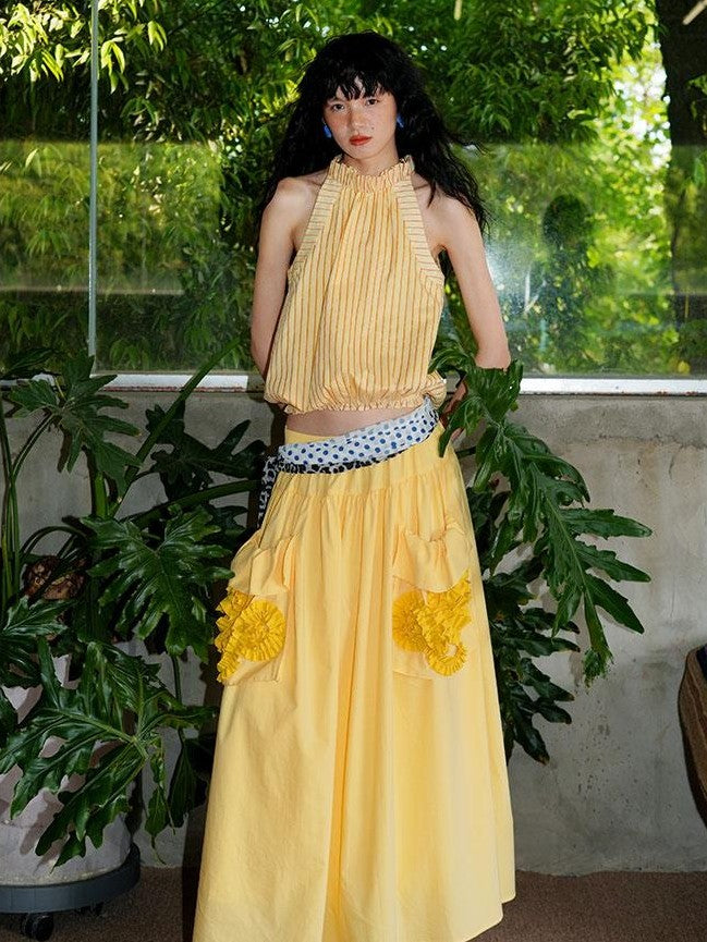 badtaste Western Solid Pleated 3d Rosette Loose A Line Women's Maxi Skirts