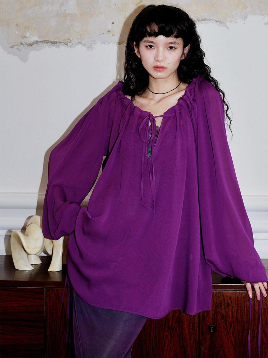 badtaste Western Solid Sheer Texture Drawstring Multiway Loose Women's Tunic Blouses