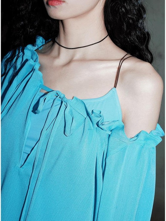 badtaste Western Solid Sheer Texture Drawstring Multiway Loose Women's Tunic Blouses
