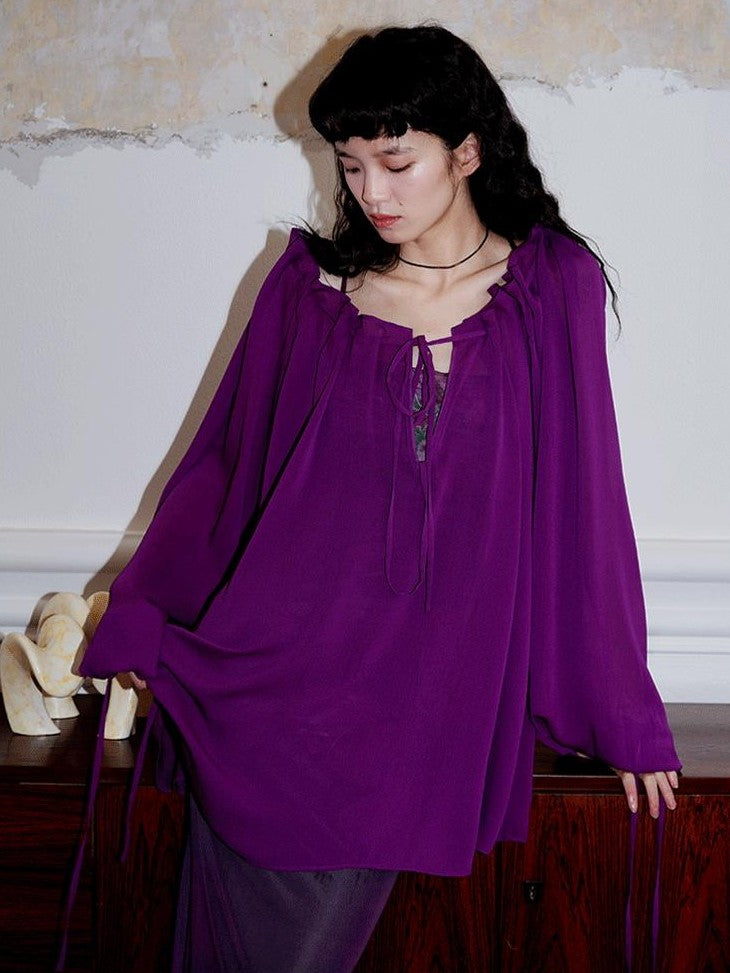 badtaste Western Solid Sheer Texture Drawstring Multiway Loose Women's Tunic Blouses