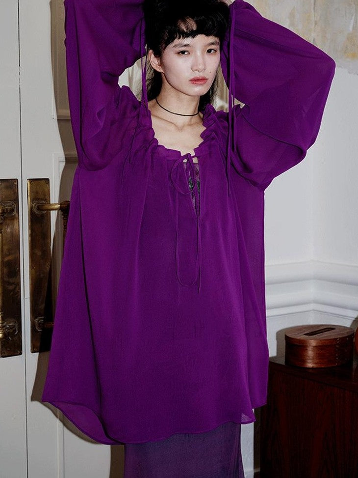 badtaste Western Solid Sheer Texture Drawstring Multiway Loose Women's Tunic Blouses