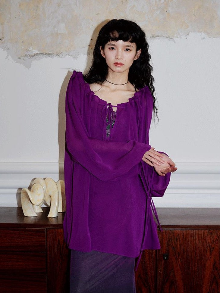 badtaste Western Solid Sheer Texture Drawstring Multiway Loose Women's Tunic Blouses