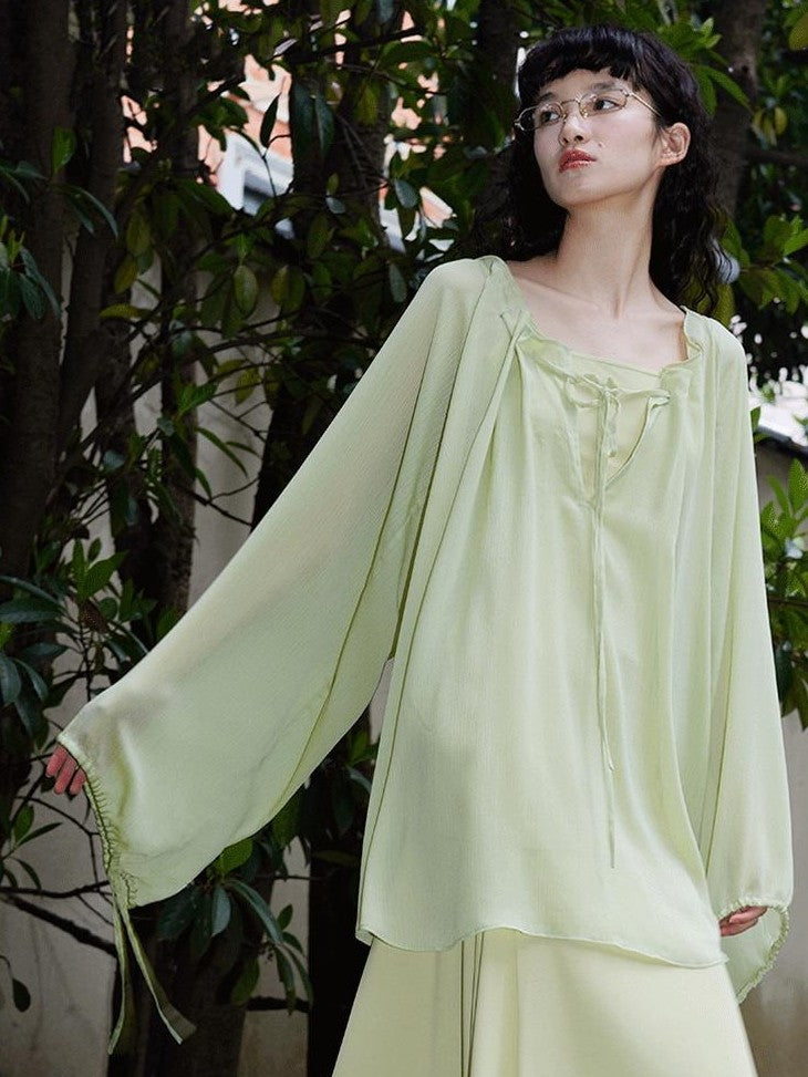 badtaste Western Solid Sheer Texture Drawstring Multiway Loose Women's Tunic Blouses