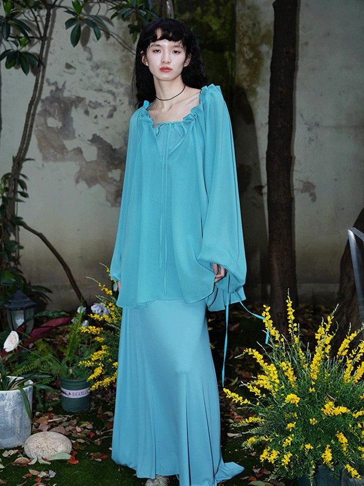 badtaste Western Solid Sheer Texture Drawstring Multiway Loose Women's Tunic Blouses