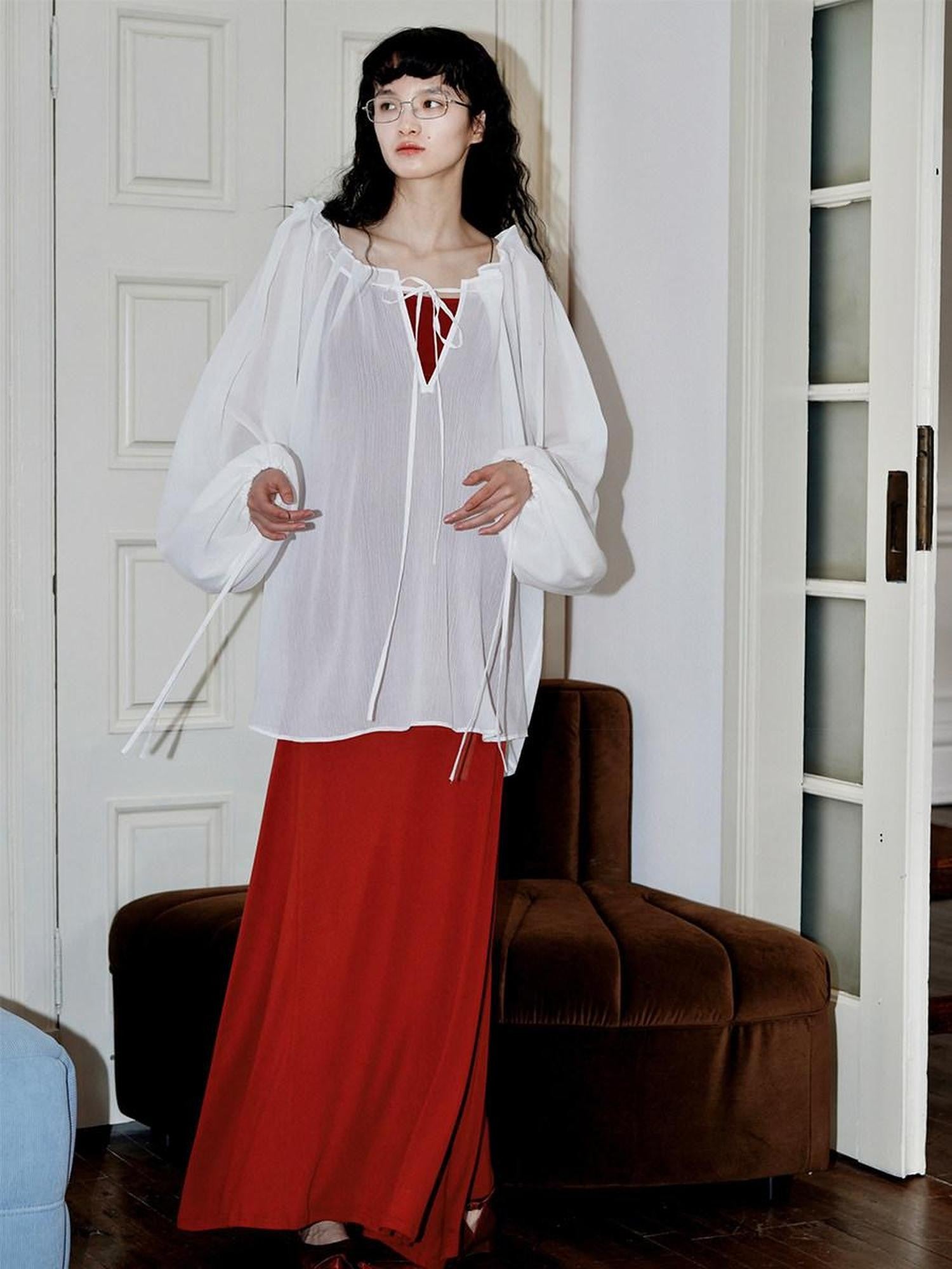 badtaste Western Solid Sheer Texture Drawstring Multiway Loose Women's Tunic Blouses