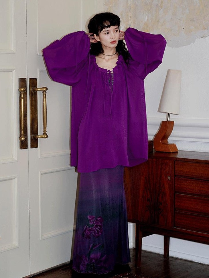 badtaste Western Solid Sheer Texture Drawstring Multiway Loose Women's Tunic Blouses
