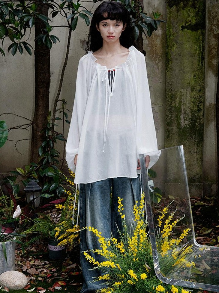 badtaste Western Solid Sheer Texture Drawstring Multiway Loose Women's Tunic Blouses