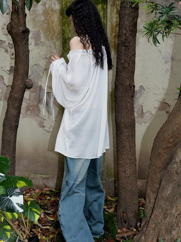 badtaste Western Solid Sheer Texture Drawstring Multiway Loose Women's Tunic Blouses