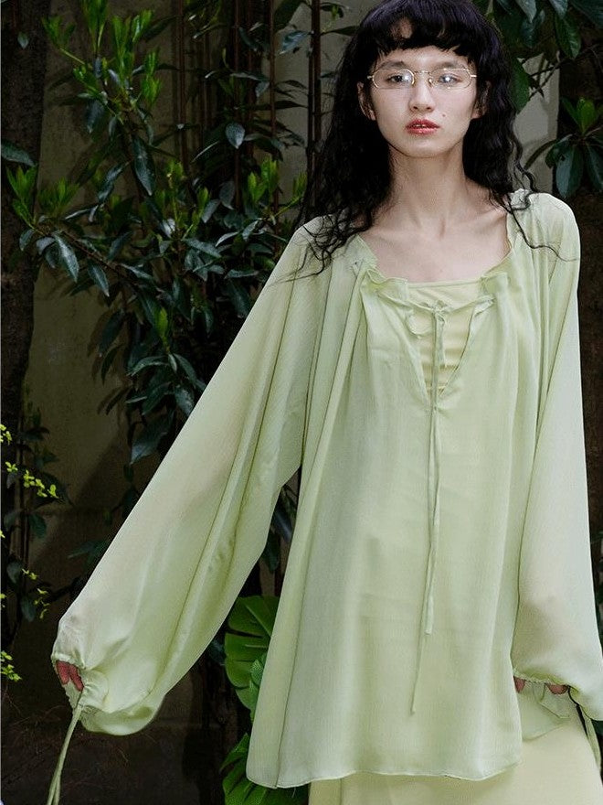 badtaste Western Solid Sheer Texture Drawstring Multiway Loose Women's Tunic Blouses