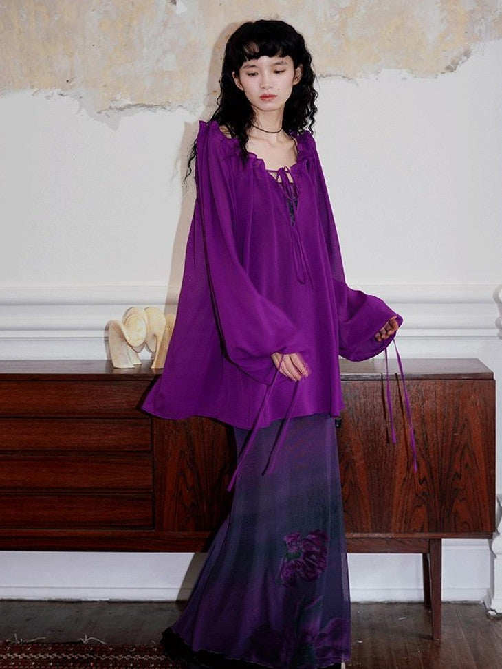badtaste Western Solid Sheer Texture Drawstring Multiway Loose Women's Tunic Blouses