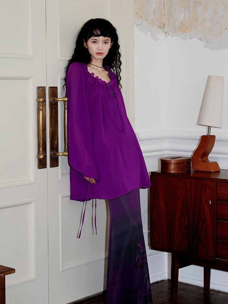 badtaste Western Solid Sheer Texture Drawstring Multiway Loose Women's Tunic Blouses