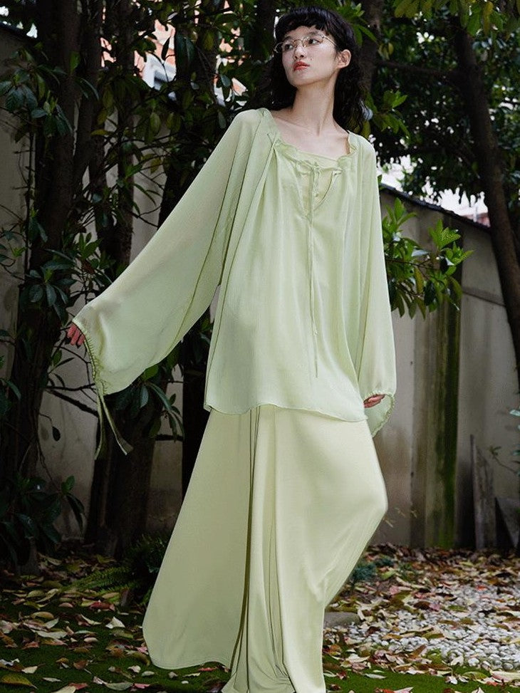 badtaste Western Solid Sheer Texture Drawstring Multiway Loose Women's Tunic Blouses