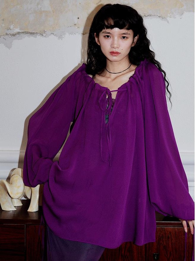 badtaste Western Solid Sheer Texture Drawstring Multiway Loose Women's Tunic Blouses