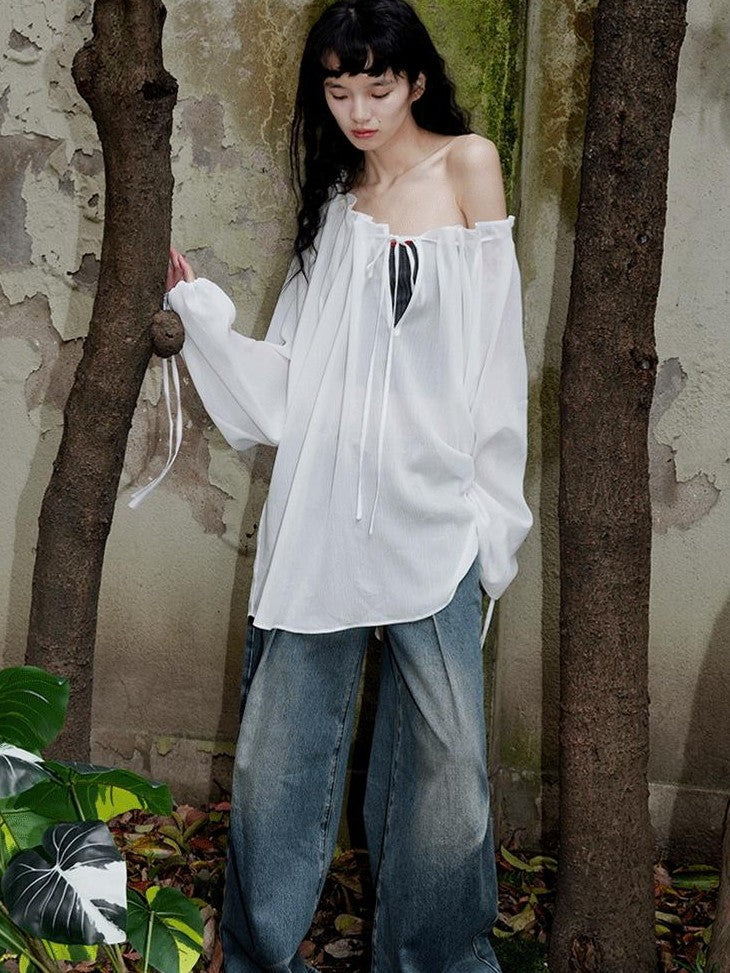 badtaste Western Solid Sheer Texture Drawstring Multiway Loose Women's Tunic Blouses