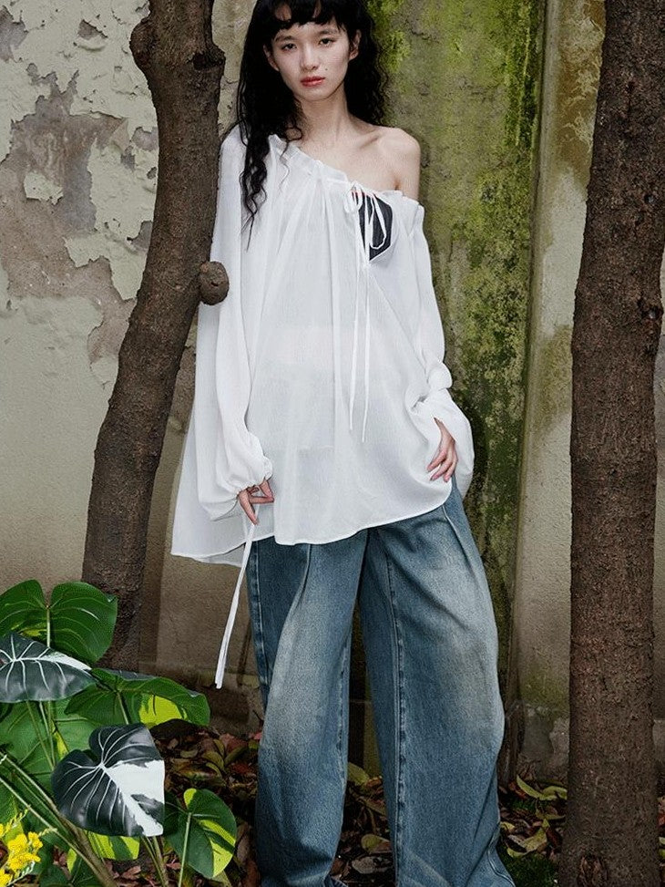 badtaste Western Solid Sheer Texture Drawstring Multiway Loose Women's Tunic Blouses