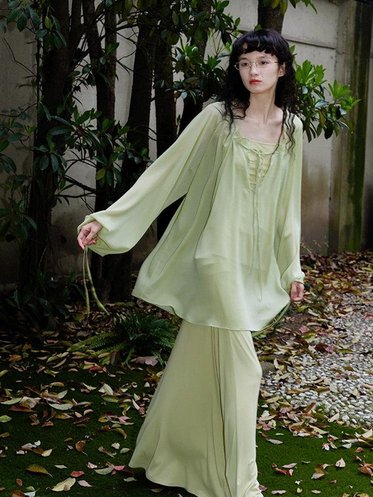 badtaste Western Solid Sheer Texture Drawstring Multiway Loose Women's Tunic Blouses
