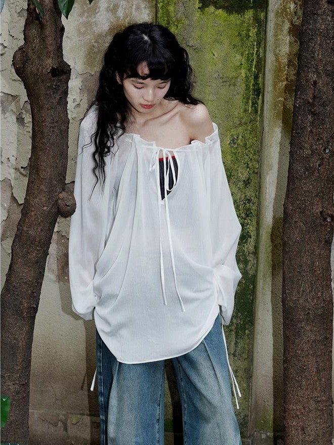 badtaste Western Solid Sheer Texture Drawstring Multiway Loose Women's Tunic Blouses