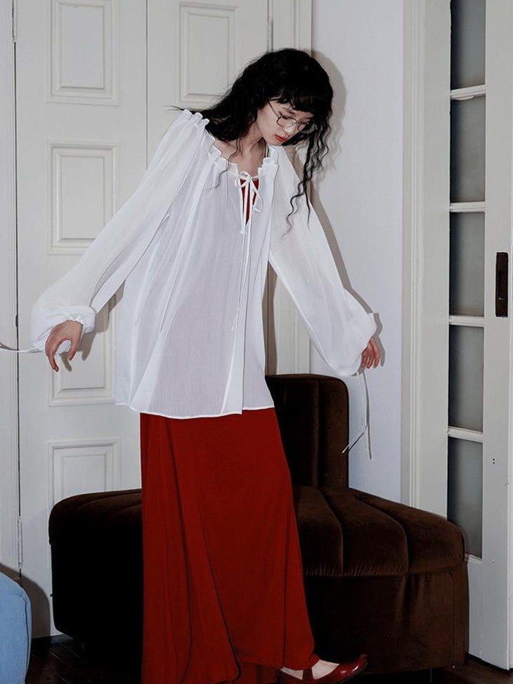 badtaste Western Solid Sheer Texture Drawstring Multiway Loose Women's Tunic Blouses