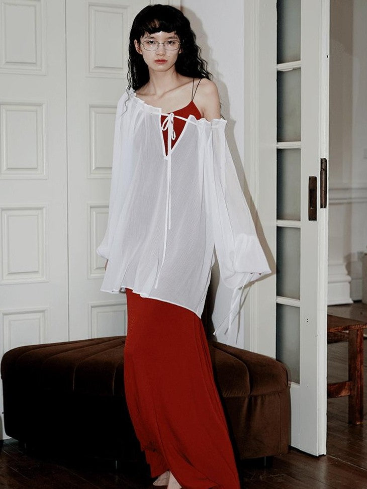 badtaste Western Solid Sheer Texture Drawstring Multiway Loose Women's Tunic Blouses