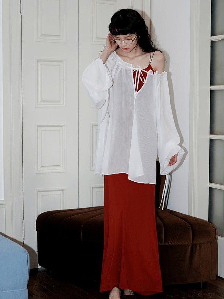 badtaste Western Solid Sheer Texture Drawstring Multiway Loose Women's Tunic Blouses