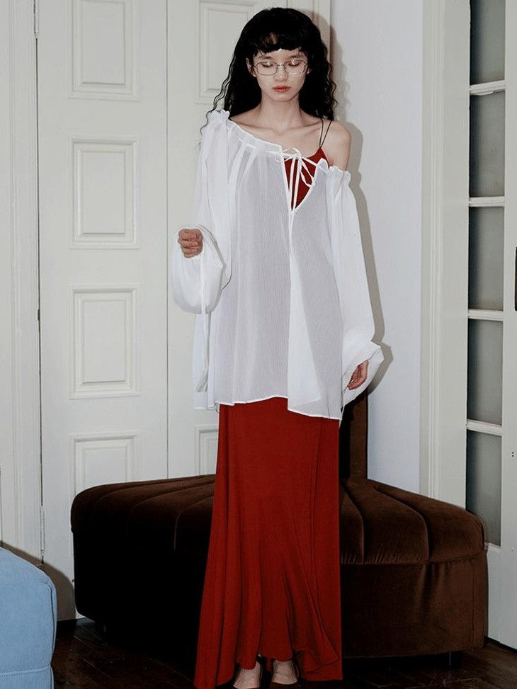 badtaste Western Solid Sheer Texture Drawstring Multiway Loose Women's Tunic Blouses