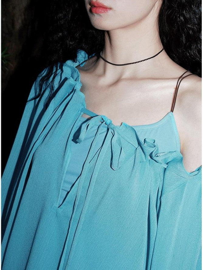 badtaste Western Solid Sheer Texture Drawstring Multiway Loose Women's Tunic Blouses