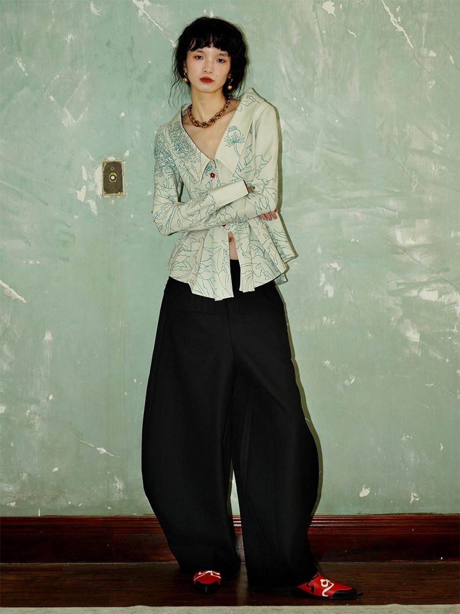 badtaste Western Solid Thick Pleated Shaped Vintage Women's Other Fabric Wide-leg Pants