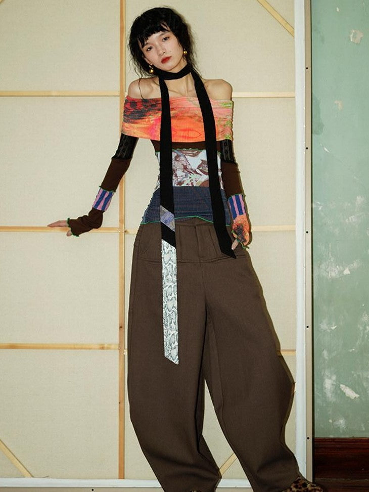 badtaste Western Solid Thick Pleated Shaped Vintage Women's Other Fabric Wide-leg Pants