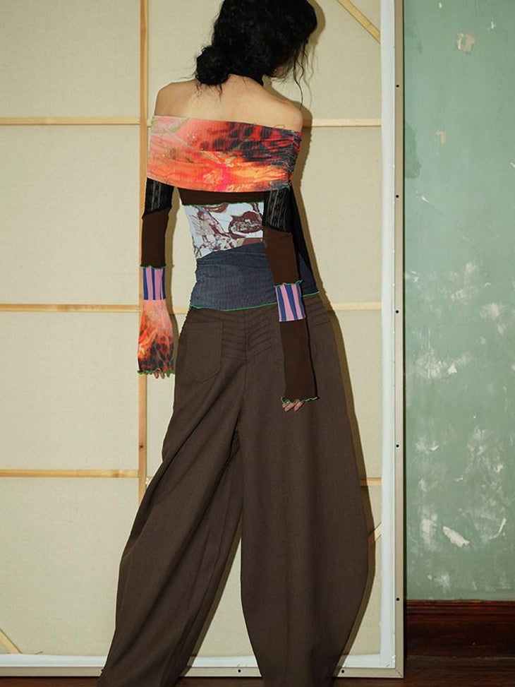 badtaste Western Solid Thick Pleated Shaped Vintage Women's Other Fabric Wide-leg Pants