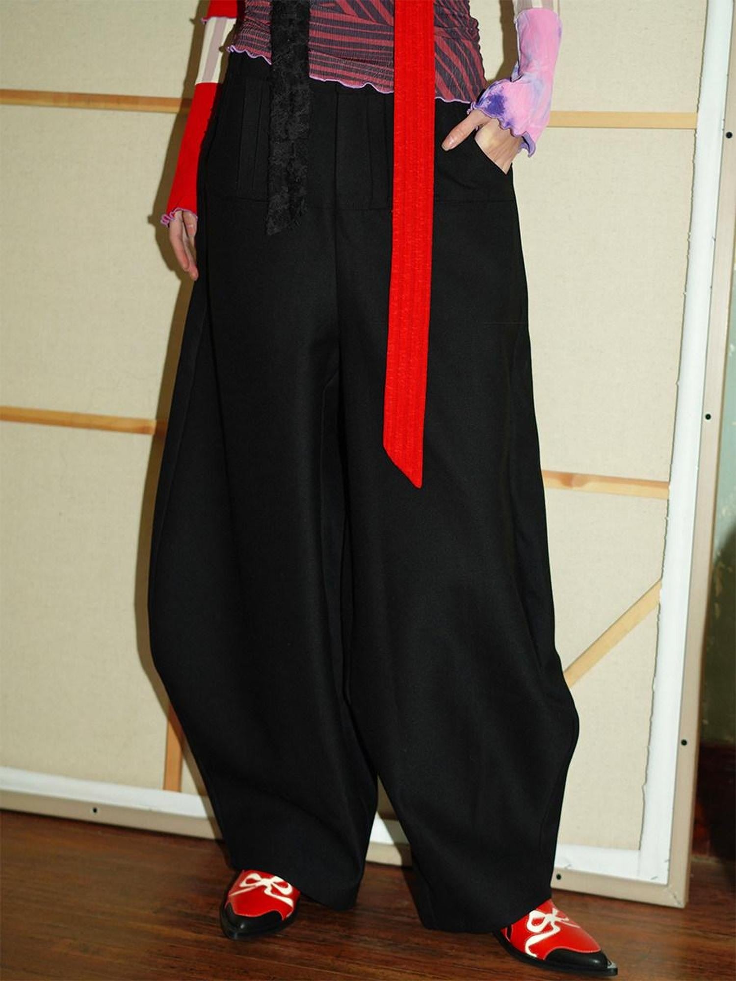badtaste Western Solid Thick Pleated Shaped Vintage Women's Other Fabric Wide-leg Pants