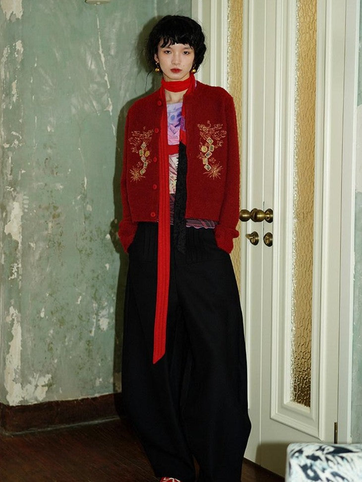badtaste Western Solid Thick Pleated Shaped Vintage Women's Other Fabric Wide-leg Pants