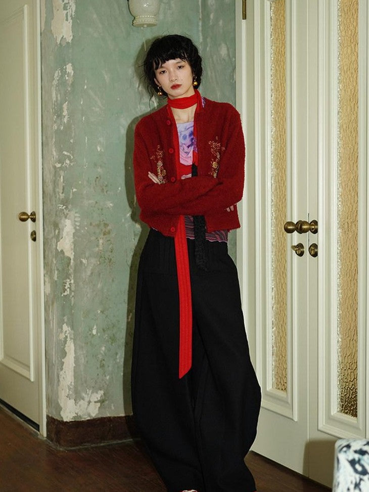 badtaste Western Solid Thick Pleated Shaped Vintage Women's Other Fabric Wide-leg Pants