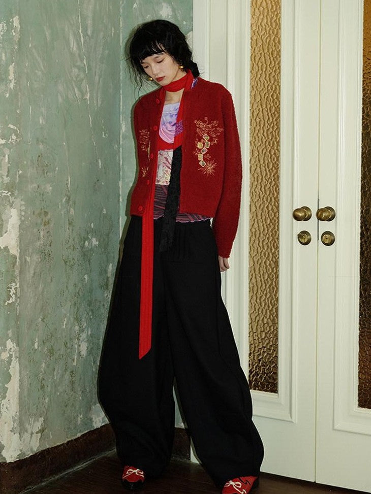 badtaste Western Solid Thick Pleated Shaped Vintage Women's Other Fabric Wide-leg Pants