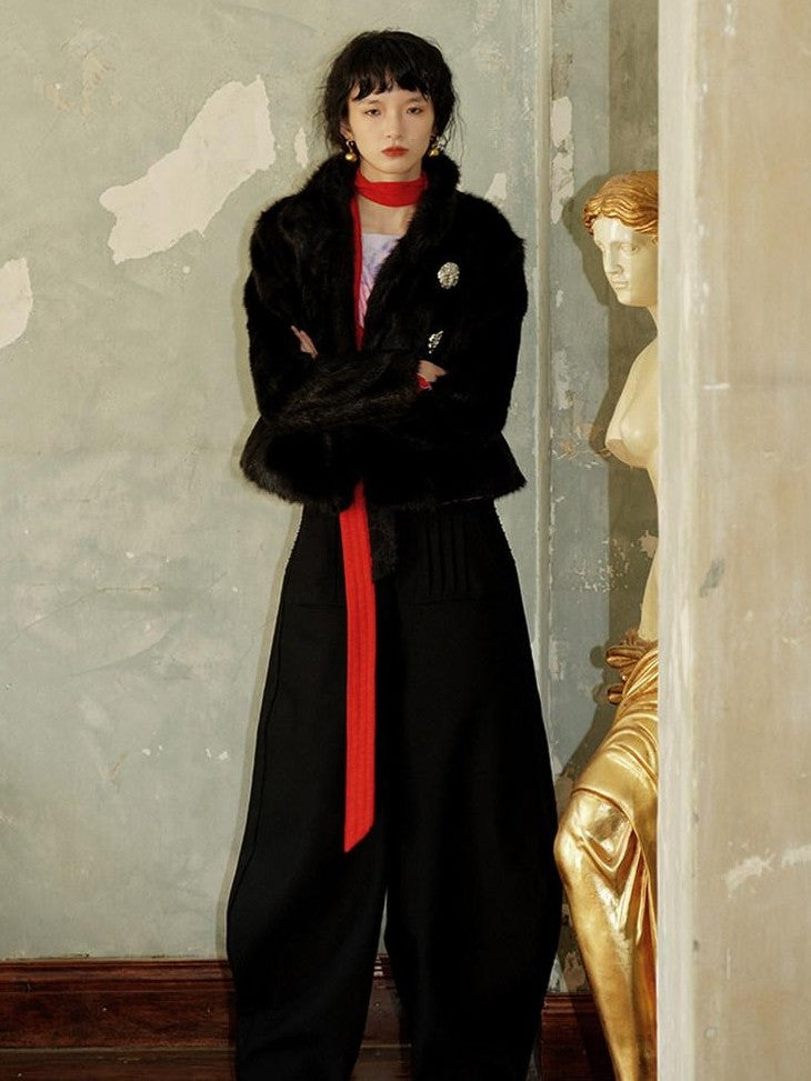 badtaste Western Solid Thick Pleated Shaped Vintage Women's Other Fabric Wide-leg Pants