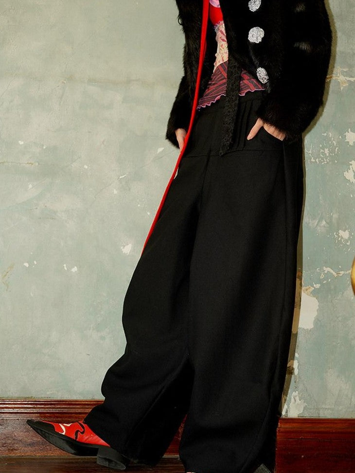 badtaste Western Solid Thick Pleated Shaped Vintage Women's Other Fabric Wide-leg Pants