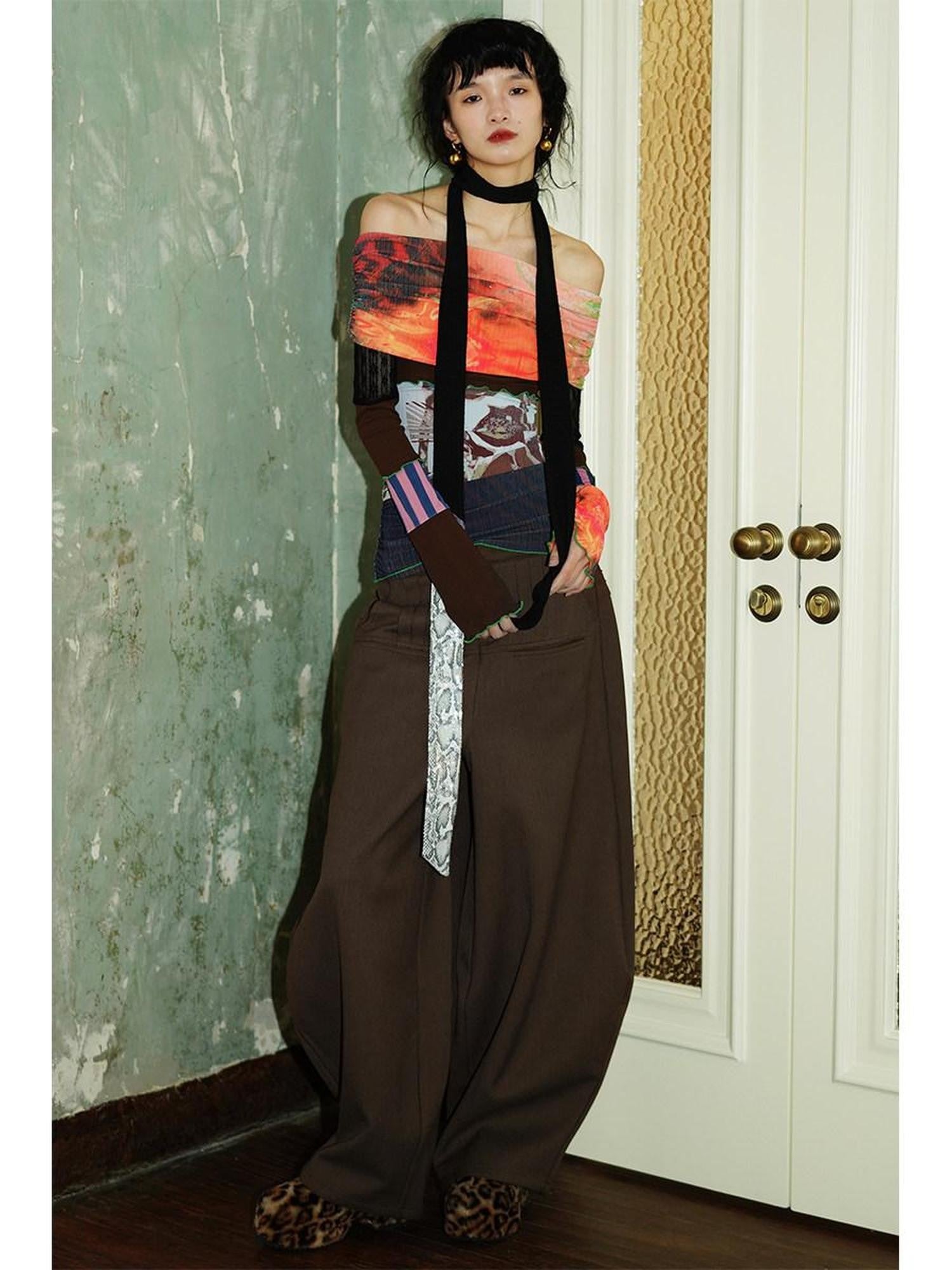 badtaste Western Solid Thick Pleated Shaped Vintage Women's Other Fabric Wide-leg Pants