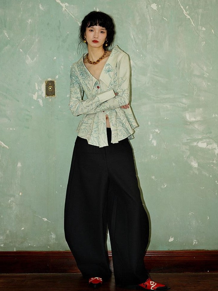 badtaste Western Solid Thick Pleated Shaped Vintage Women's Other Fabric Wide-leg Pants