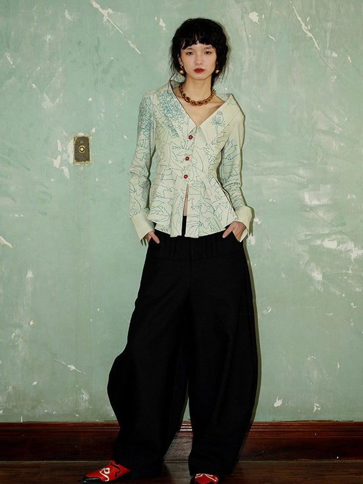 badtaste Western Solid Thick Pleated Shaped Vintage Women's Other Fabric Wide-leg Pants
