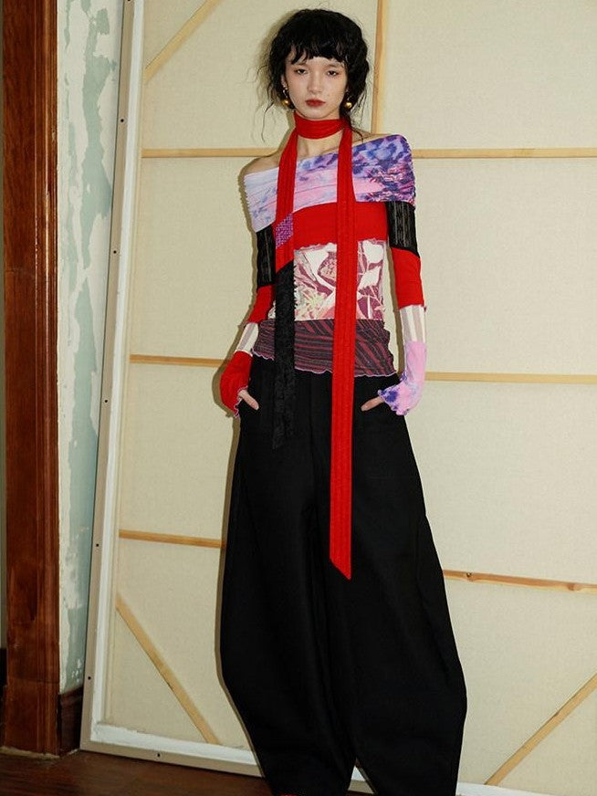 badtaste Western Solid Thick Pleated Shaped Vintage Women's Other Fabric Wide-leg Pants