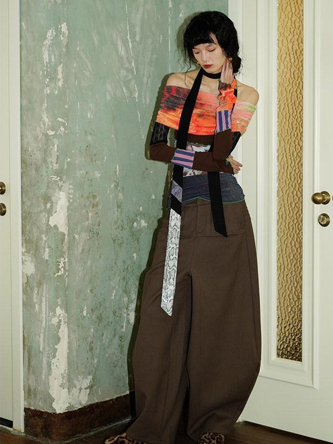 badtaste Western Solid Thick Pleated Shaped Vintage Women's Other Fabric Wide-leg Pants