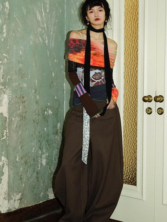 badtaste Western Solid Thick Pleated Shaped Vintage Women's Other Fabric Wide-leg Pants