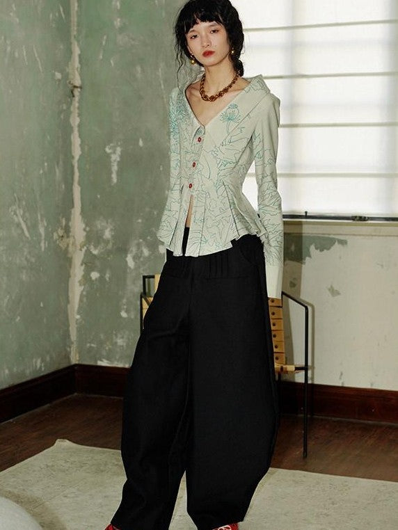 badtaste Western Solid Thick Pleated Shaped Vintage Women's Other Fabric Wide-leg Pants